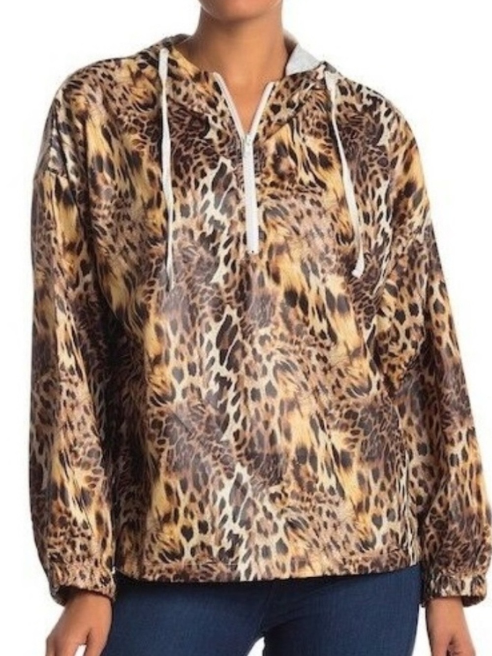 Know One Cares Leopard Print Half-Zip Windbreaker Hoodie Size Small